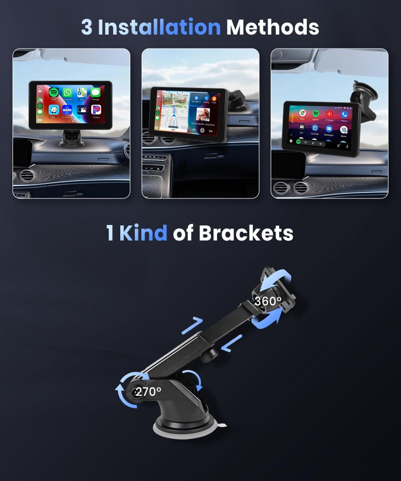 Podofo شاشة بودوفو اللاسلكية للسيارة Carplay، شاشة تعمل باللمس 7 بوصة 1080P HD IPS، أجهزة استقبال راديو السيارة المحمولة، شاشة أندرويد أوتو لاسلكية 2 تثبيت/2 بلوتوث/MirrorLink/GPS/تحكم صوتي/AUX/إرسال FM - Image 3