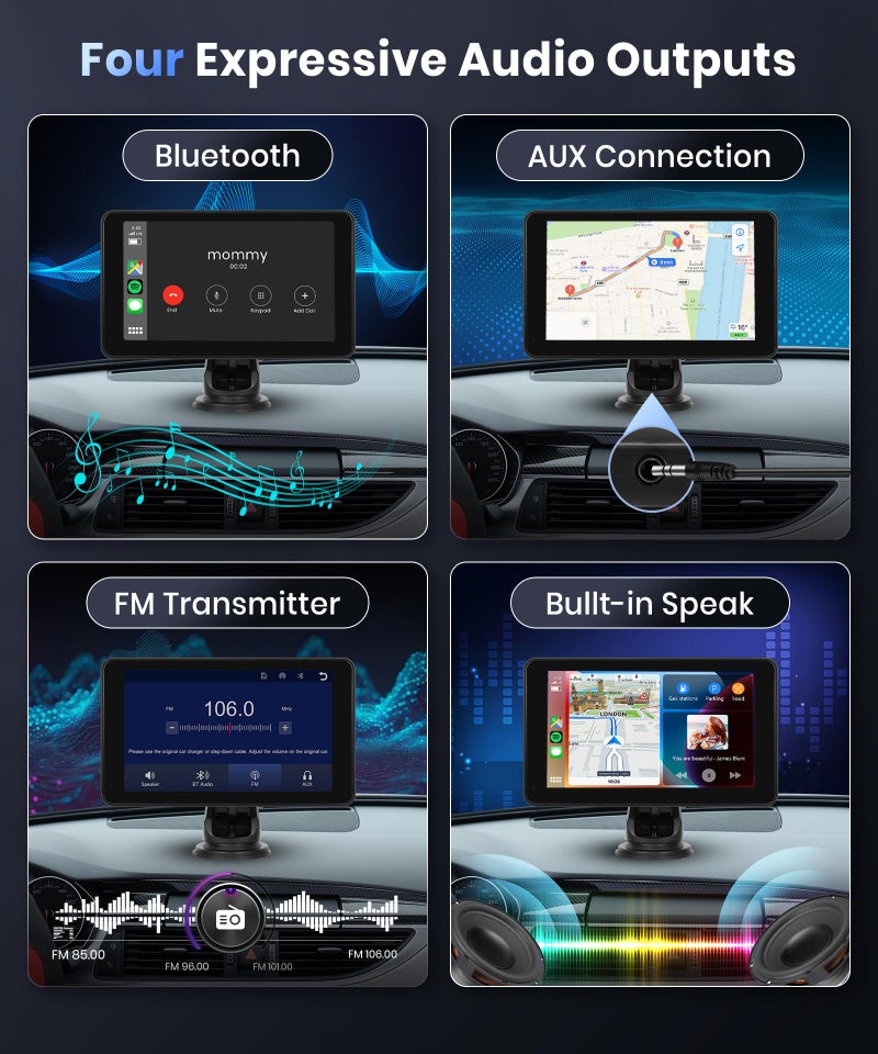 Podofo شاشة بودوفو اللاسلكية للسيارة Carplay، شاشة تعمل باللمس 7 بوصة 1080P HD IPS، أجهزة استقبال راديو السيارة المحمولة، شاشة أندرويد أوتو لاسلكية 2 تثبيت/2 بلوتوث/MirrorLink/GPS/تحكم صوتي/AUX/إرسال FM - Image 5