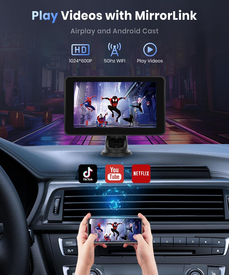 Podofo شاشة بودوفو اللاسلكية للسيارة Carplay، شاشة تعمل باللمس 7 بوصة 1080P HD IPS، أجهزة استقبال راديو السيارة المحمولة، شاشة أندرويد أوتو لاسلكية 2 تثبيت/2 بلوتوث/MirrorLink/GPS/تحكم صوتي/AUX/إرسال FM - Image 4