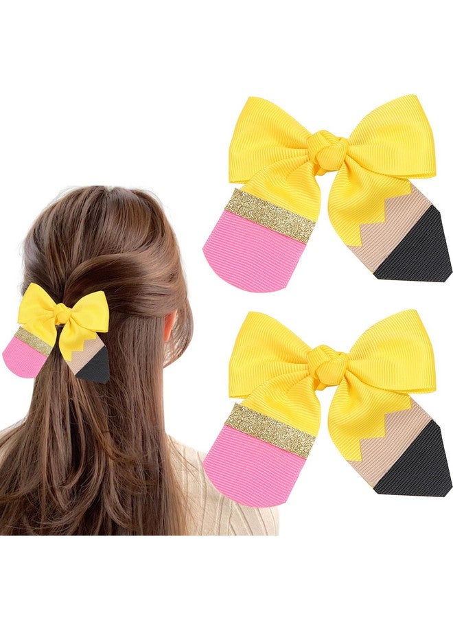 توتلوكس مشابك شعر Totelux Pencil Hair Bows ومشابك شعر العودة إلى المدرسة ومشابك شعر صفراء على شكل قلم رصاص ومشابك شعر على شكل تمساح وعقدة كبيرة إكسسوارات شعر للنساء والفتيات في أول يوم دراسي وهدايا حفلات الترحيب بالعودة، قطعتان - Image 1