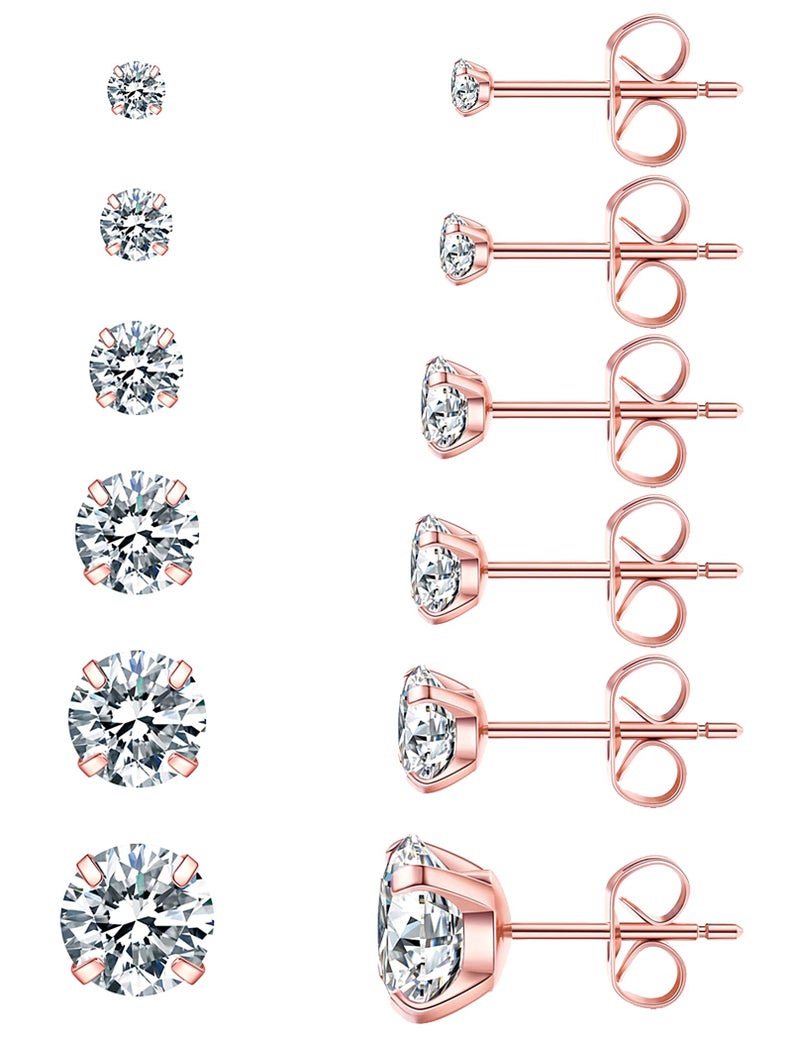 WSSXC 6 Pairs Stud Earrings Hypoallergenic Cubic Zirconia 316L Earrings Stainless Steel CZ Earrings Set 3-8mm (Rose gold) - Image 1