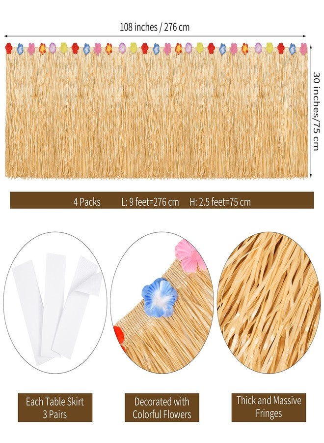 Cohpoh 4 Packs Luau Grass Table Skirt Fringe Brown Grass Skirt 108 x 30 Inch Hibiscus Hawaiian Table Skirts Tropical Luau Party Decorations for Moana Themed Events, Birthday - Image 2
