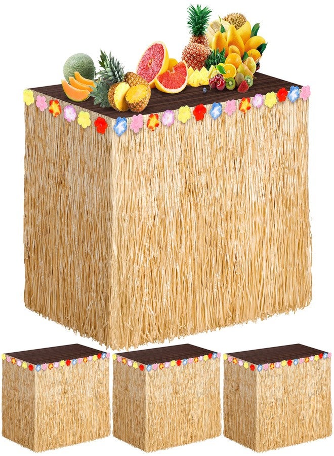 Cohpoh 4 Packs Luau Grass Table Skirt Fringe Brown Grass Skirt 108 x 30 Inch Hibiscus Hawaiian Table Skirts Tropical Luau Party Decorations for Moana Themed Events, Birthday - Image 1