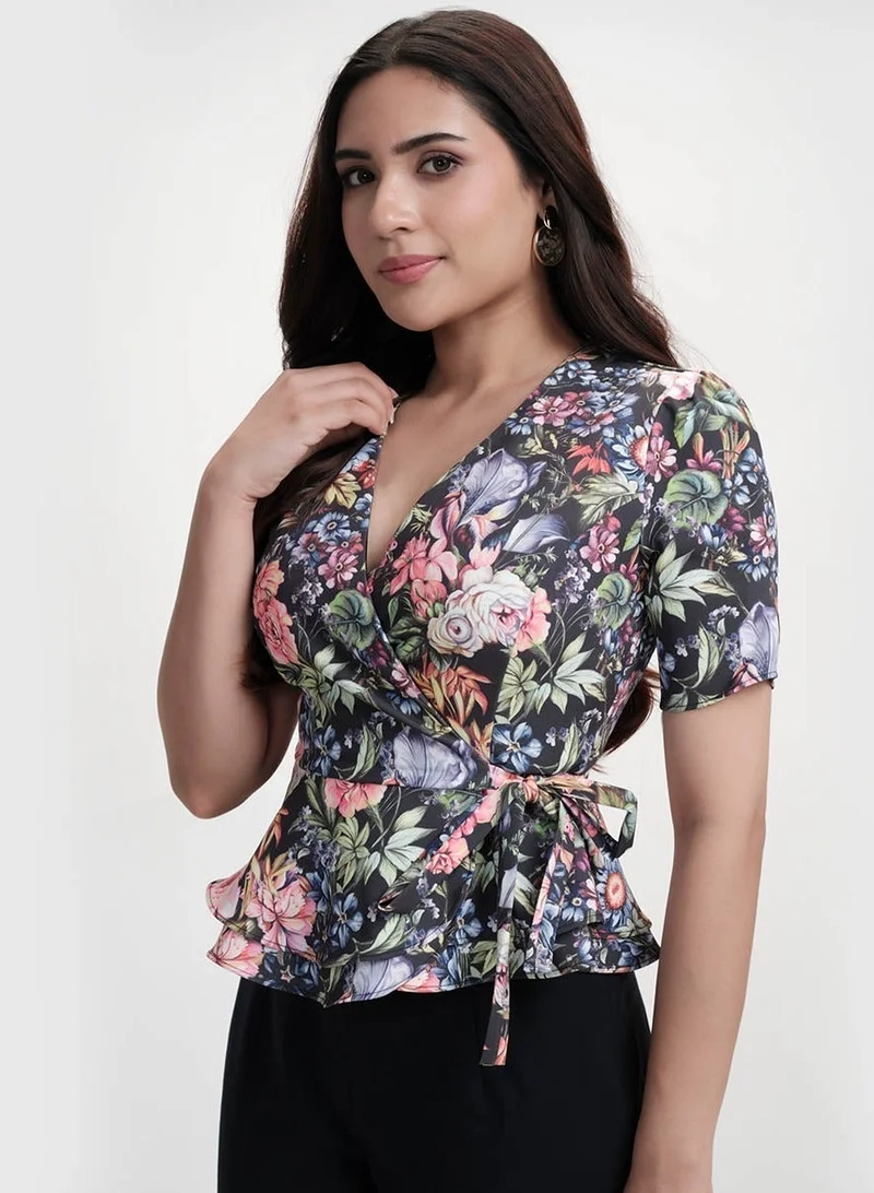 Zigzag Vneck Half Sleeve Printed Peplum Top