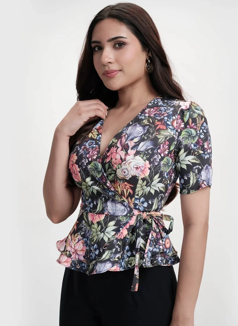 Zigzag Vneck Half Sleeve Printed Peplum Top