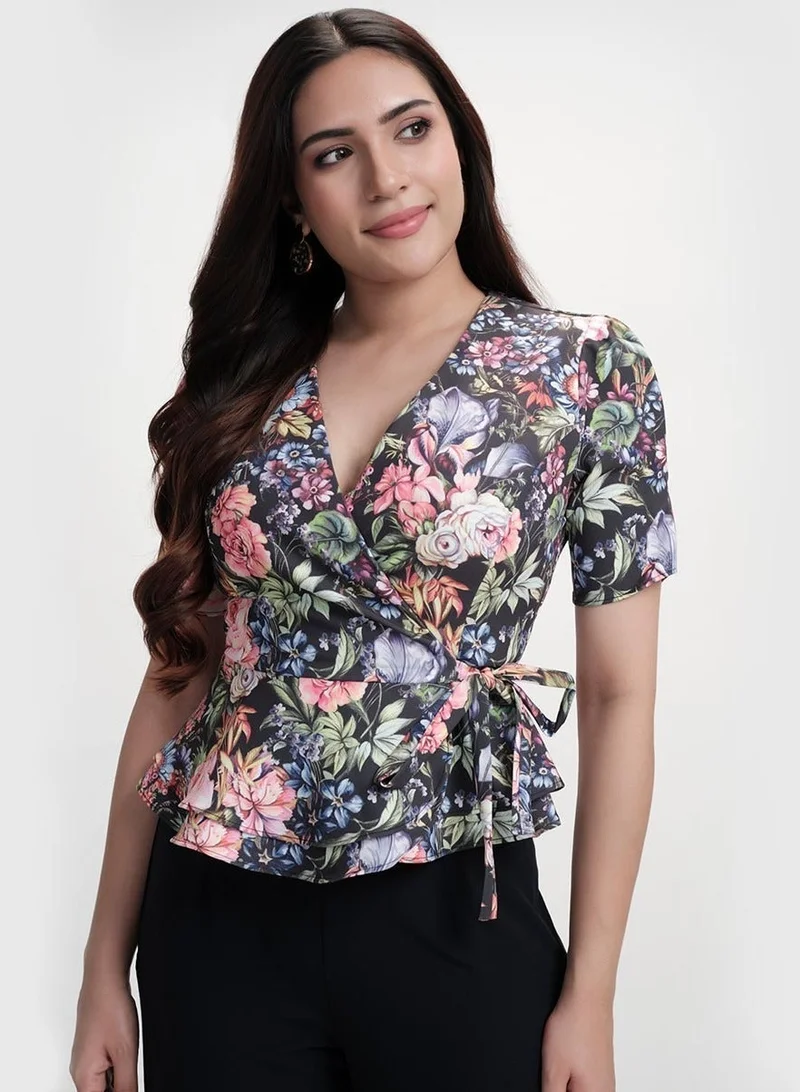 Zigzag Vneck Half Sleeve Printed Peplum Top