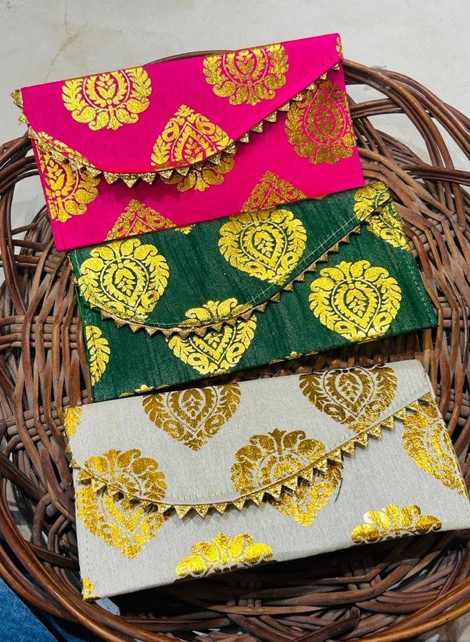 Kyzzo Silk Shagun Envelopes Pack of 5, Premium Golden Brocade Designer Lifafa for Wedding, Haldi, Mehendi, Diwali, Rakhi and Birthday, Traditional Indian Money Envelopes for Cash Gifting, Multicolor - Image 3