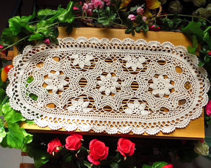 Laivigo Handmade Crochet Lace Oval Lucky Flower Tablecloth Table Runner Doilies Doily,12x24 Inch，Beige - Image 3