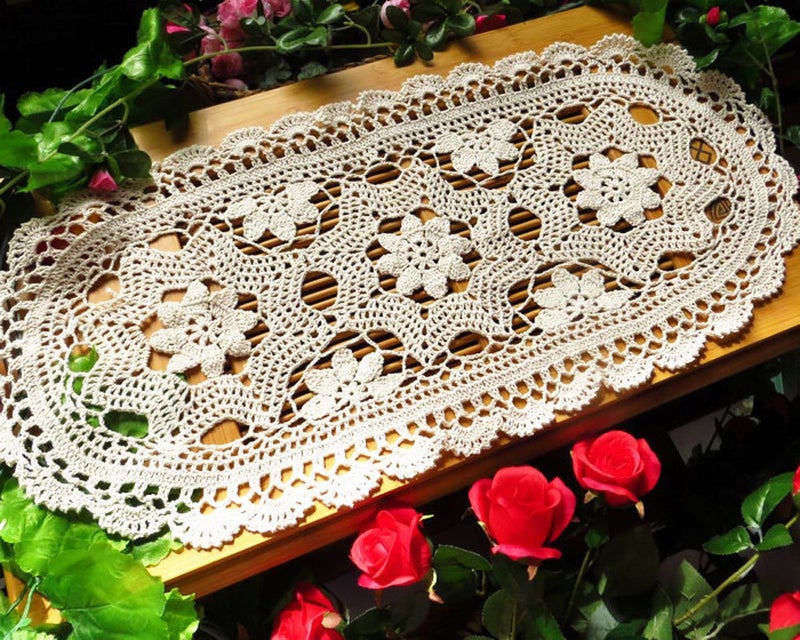 Laivigo Handmade Crochet Lace Oval Lucky Flower Tablecloth Table Runner Doilies Doily,12x24 Inch，Beige - Image 4