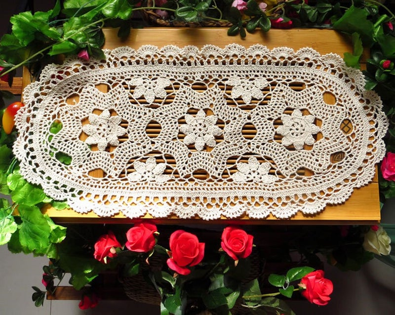Laivigo Handmade Crochet Lace Oval Lucky Flower Tablecloth Table Runner Doilies Doily,12x24 Inch，Beige - Image 2