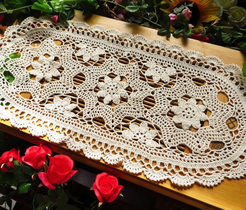 Laivigo Handmade Crochet Lace Oval Lucky Flower Tablecloth Table Runner Doilies Doily,12x24 Inch，Beige - Image 5