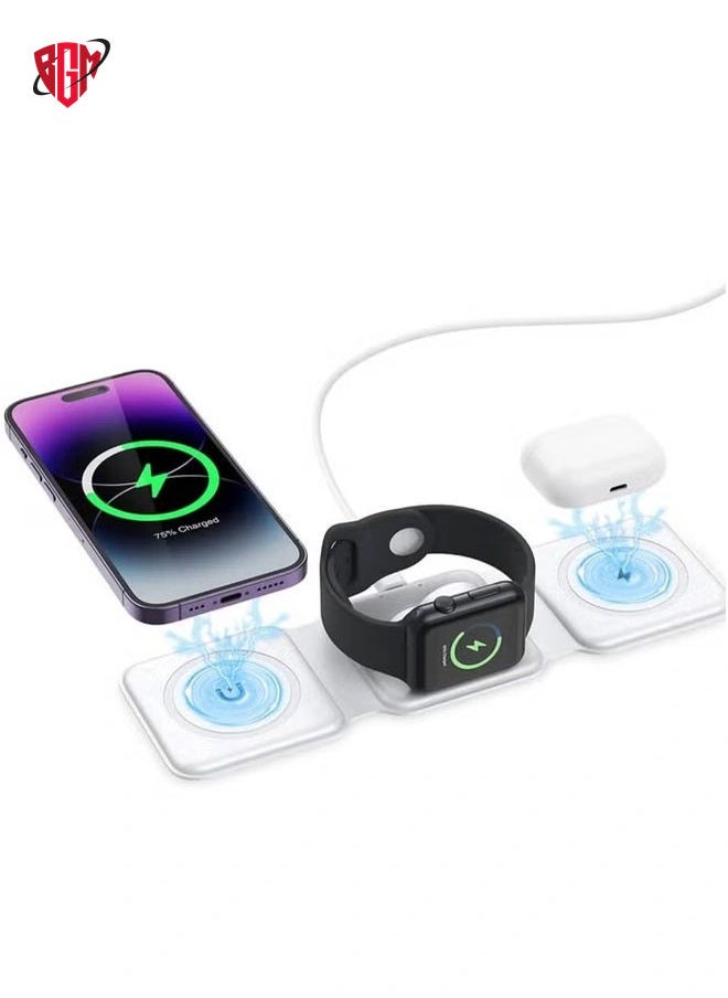 BGM 3 in 1 Wireless Charger, Foldable Magnetic Charger Station, 18W Fast Wireless Charging Pad, Compatible with iPhone 14/13/12/11, Samsung Galaxy, AirPods, Google Pixel, Apple Watch  - Image 1
