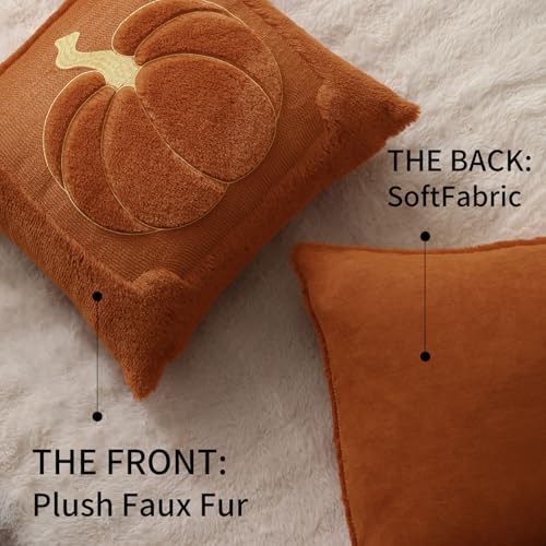 Allorry Fall Pillow Covers 18x18 Set of 2 Fall Rust Pumpkin Embroidery Throw Pillow Covers Soft Plush Faux Fur Cushion Covers for Sofa Bedroom Living Room Autumn Thanksgiving Home Decor PT010C18 - Image 3