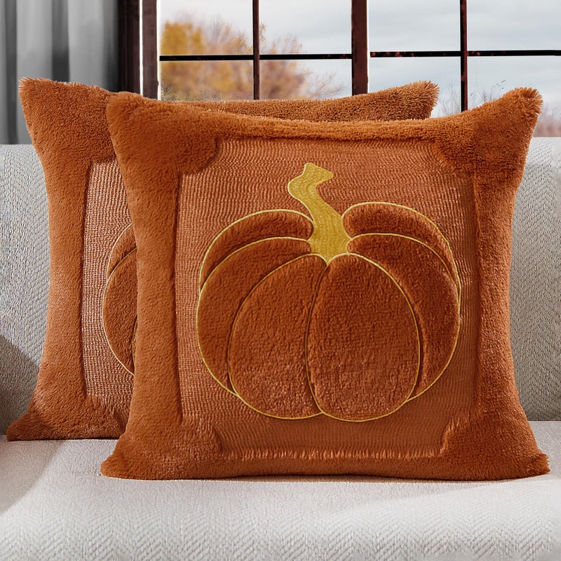Allorry Fall Pillow Covers 18x18 Set of 2 Fall Rust Pumpkin Embroidery Throw Pillow Covers Soft Plush Faux Fur Cushion Covers for Sofa Bedroom Living Room Autumn Thanksgiving Home Decor PT010C18 - Image 2