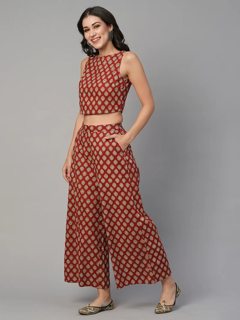 globus Women Boat Neck Ethnic Print Crop Top With Mid-Rise Palazzos Fusion Co-Ord Set