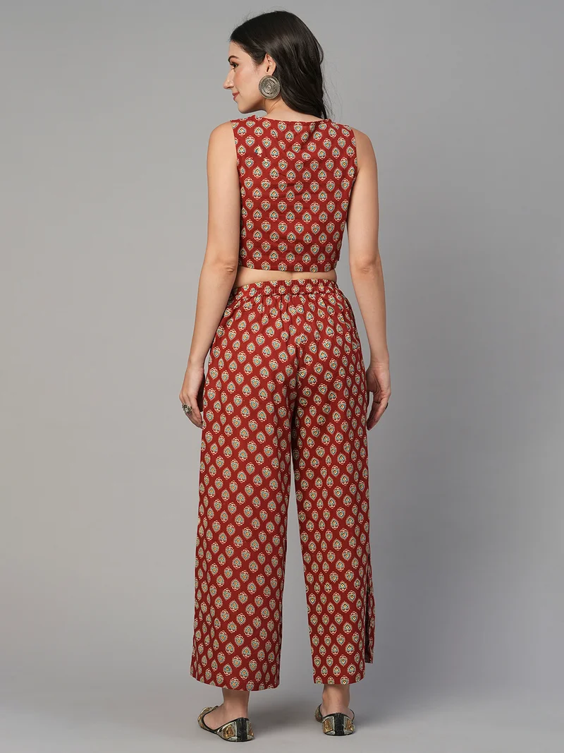 globus Women Boat Neck Ethnic Print Crop Top With Mid-Rise Palazzos Fusion Co-Ord Set