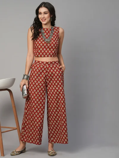 globus Women Boat Neck Ethnic Print Crop Top With Mid-Rise Palazzos Fusion Co-Ord Set