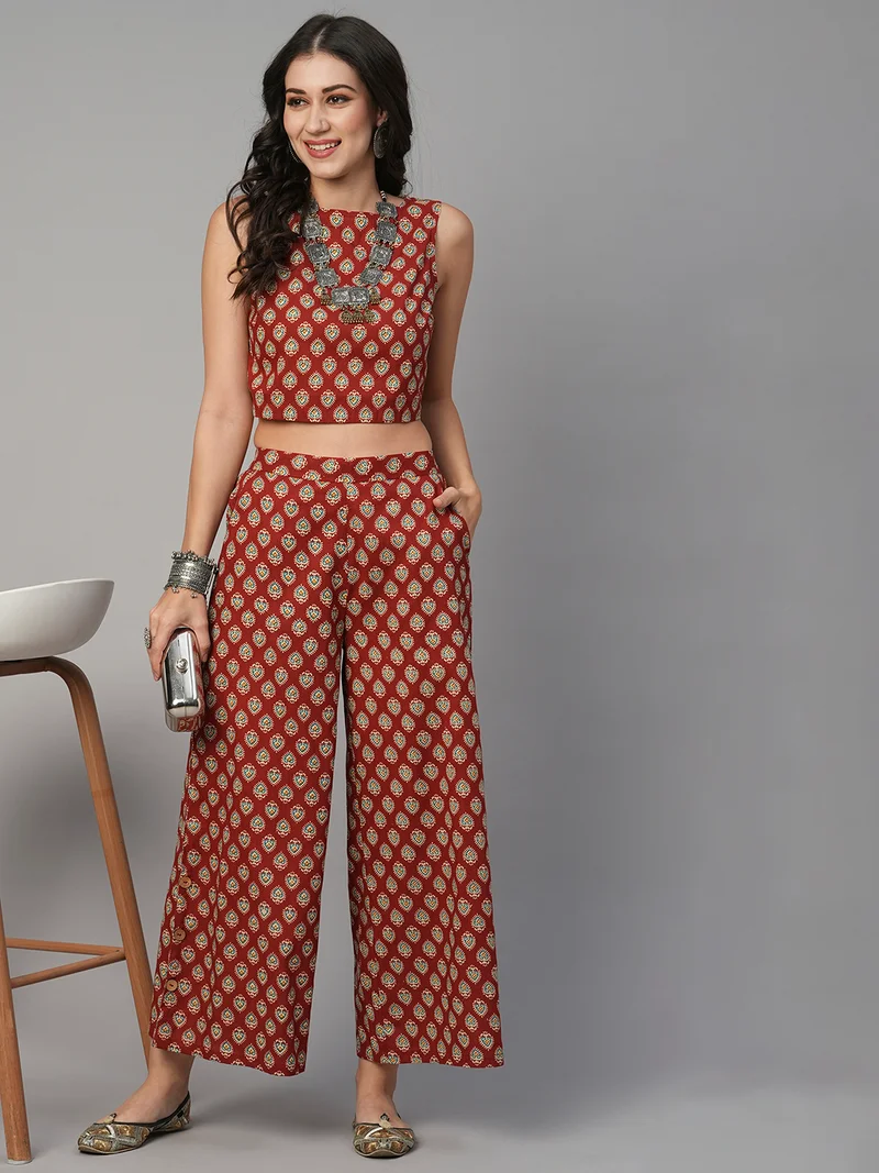 globus Women Boat Neck Ethnic Print Crop Top With Mid-Rise Palazzos Fusion Co-Ord Set