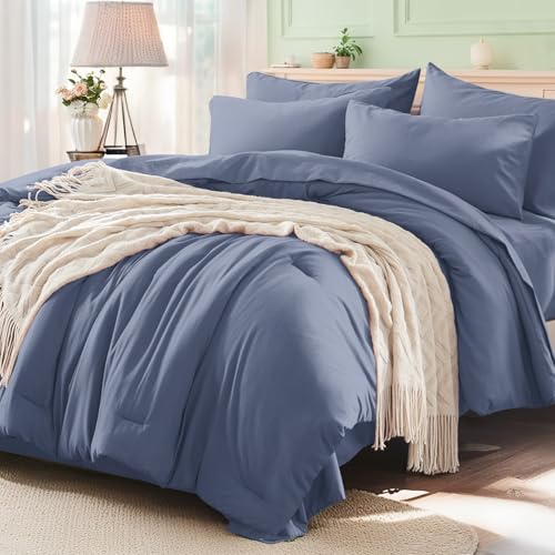 Anluoer Grayish Blue Queen Comforter Set 7 Pieces, Bed in a Bag with Sheets, All Season Bedding Sets with 1 Comforter, 2 Pillow Shams, 2 Pillowcases, 1 Flat Sheet, 1 Fitted Sheet - Image 1