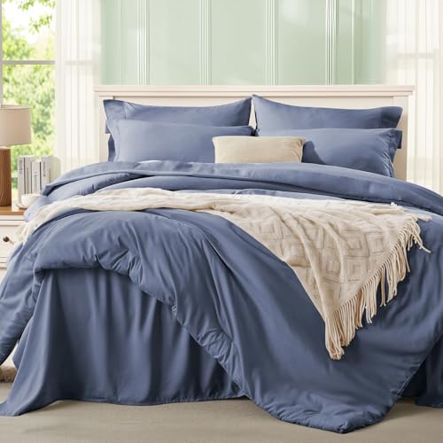 Anluoer Grayish Blue Queen Comforter Set 7 Pieces, Bed in a Bag with Sheets, All Season Bedding Sets with 1 Comforter, 2 Pillow Shams, 2 Pillowcases, 1 Flat Sheet, 1 Fitted Sheet - Image 2
