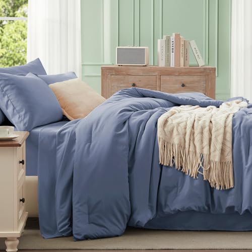 Anluoer Grayish Blue Queen Comforter Set 7 Pieces, Bed in a Bag with Sheets, All Season Bedding Sets with 1 Comforter, 2 Pillow Shams, 2 Pillowcases, 1 Flat Sheet, 1 Fitted Sheet - Image 3