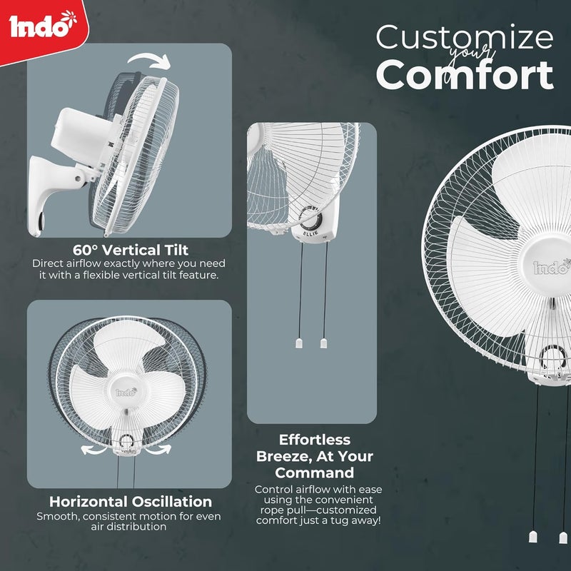 Indo Indo 400 mm High Speed Wall fan for Home Office Pack of 2 Fans 16 inch Blade Sweep Powerful Motor 3 SPeed Settings Smooth Oscilations 2 Years Warranty Black Plus White  - Image 4