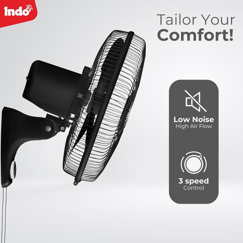 Indo Indo 400 mm High Speed Wall fan for Home Office Pack of 2 Fans 16 inch Blade Sweep Powerful Motor 3 SPeed Settings Smooth Oscilations 2 Years Warranty Black Plus White  - Image 5