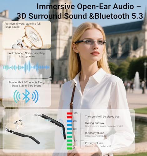 Jacuate AI Smart Bluetooth Glasses for Men and Women with Chat GPT, Translation Glasses with 115 Languages and Rimless Photochromic Lens, Hands-Free Calls, UV Protection Translator Sunglasses for Music, work - Image 5