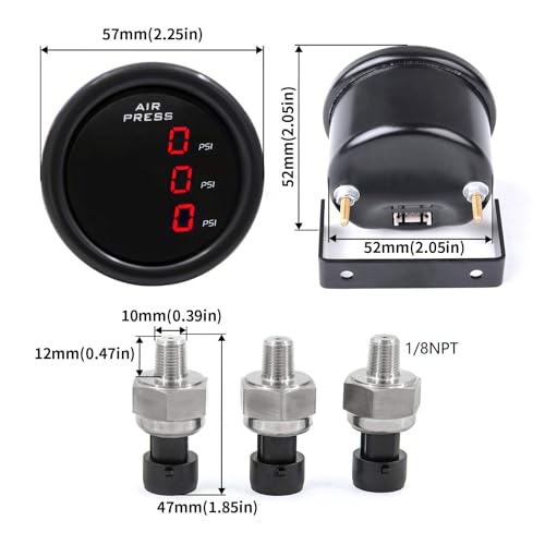 ZHSYMX LCD Three Pressure Air Pressure Gauge 290 PSI Air Pressure Gauge Kit- for Air Ride Suspension Systems -2Inch 0-290PSI with 3Pcs 1/8NPT Sensors and 16.5ft Sensor Cable LCD Red - Image 4