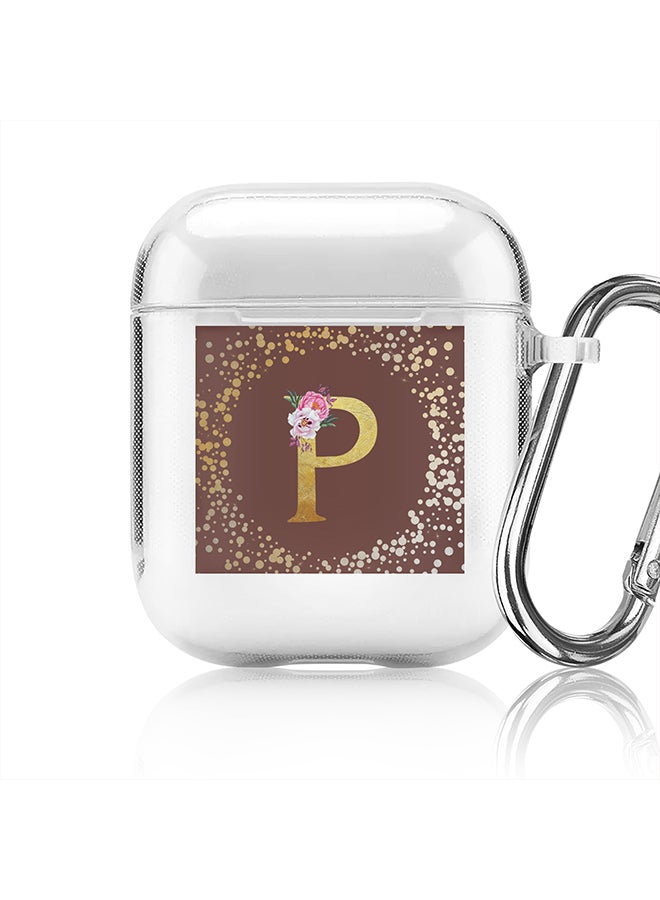 Stylizedd Classic Clear printed Case for Apple Airpods 2 / 1 Soft TPU Gel Thin Transparent Flexible Cover - Custom Monogram Initial Letter Floral Pattern Alphabet - P (Brown ) - Image 1