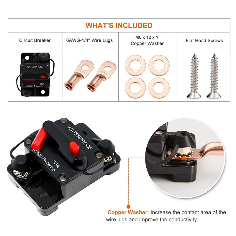ERAYCO 30 Amp Circuit Breaker with Manual Reset Waterproof Inline Fuse Inverter for Marine Trolling Motors Boat ATV Manual Power 12V42VDC 30A - Image 4