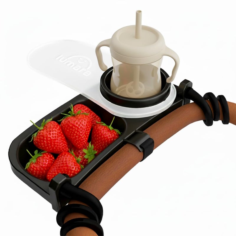 LUMARA Universal Stroller Snack Tray with Cup Holder 2 in 1 - Stroller Tray Attachment for Baby & Toddler - Baby Stroller Accessories - Fit Most Strollers, Dishwasher Safe with Dust Cover & Silicone Arms - Image 1