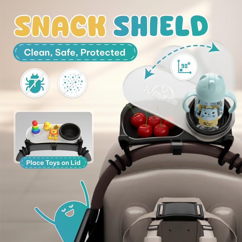 LUMARA Universal Stroller Snack Tray with Cup Holder 2 in 1 - Stroller Tray Attachment for Baby & Toddler - Baby Stroller Accessories - Fit Most Strollers, Dishwasher Safe with Dust Cover & Silicone Arms - Image 5