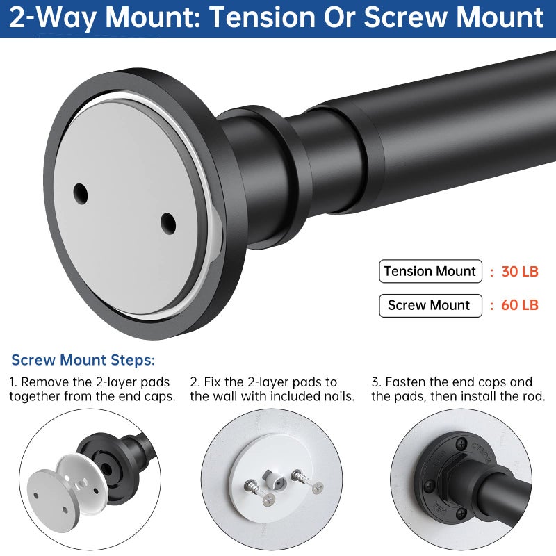 BRIOFOX Industrial Shower Curtain Rod - 2-in-1 Design Tension Curtain Rod - Never Rust Non-Slip 43 to 72 Inch Stainless Steel, Matte Black Window Curtain Rod - Image 3