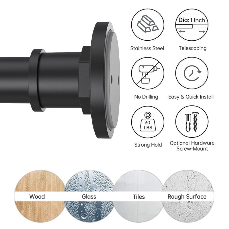 BRIOFOX Industrial Shower Curtain Rod - 2-in-1 Design Tension Curtain Rod - Never Rust Non-Slip 43 to 72 Inch Stainless Steel, Matte Black Window Curtain Rod - Image 4