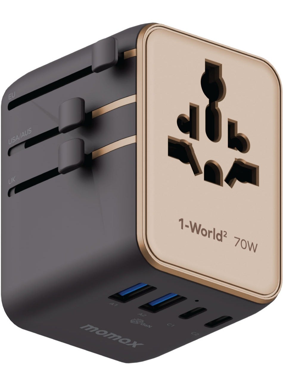 Momax 1-World2 70W GaN 5 Ports + Multi Plug Universal Travel Adapter Multi Volt 100-250V USB-C / USB-A for iPhone 17/16/15/14 iPad Pro/Air, MacBook, Samsung S25/S24 and More - Desert Titanium