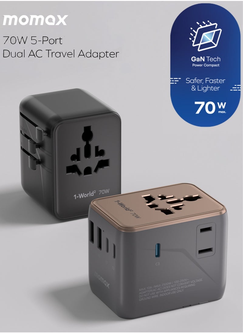 Momax 1-World2 70W GaN 5 Ports + Multi Plug Universal Travel Adapter Multi Volt 100-250V USB-C / USB-A - Desert Titanium  - Image 2