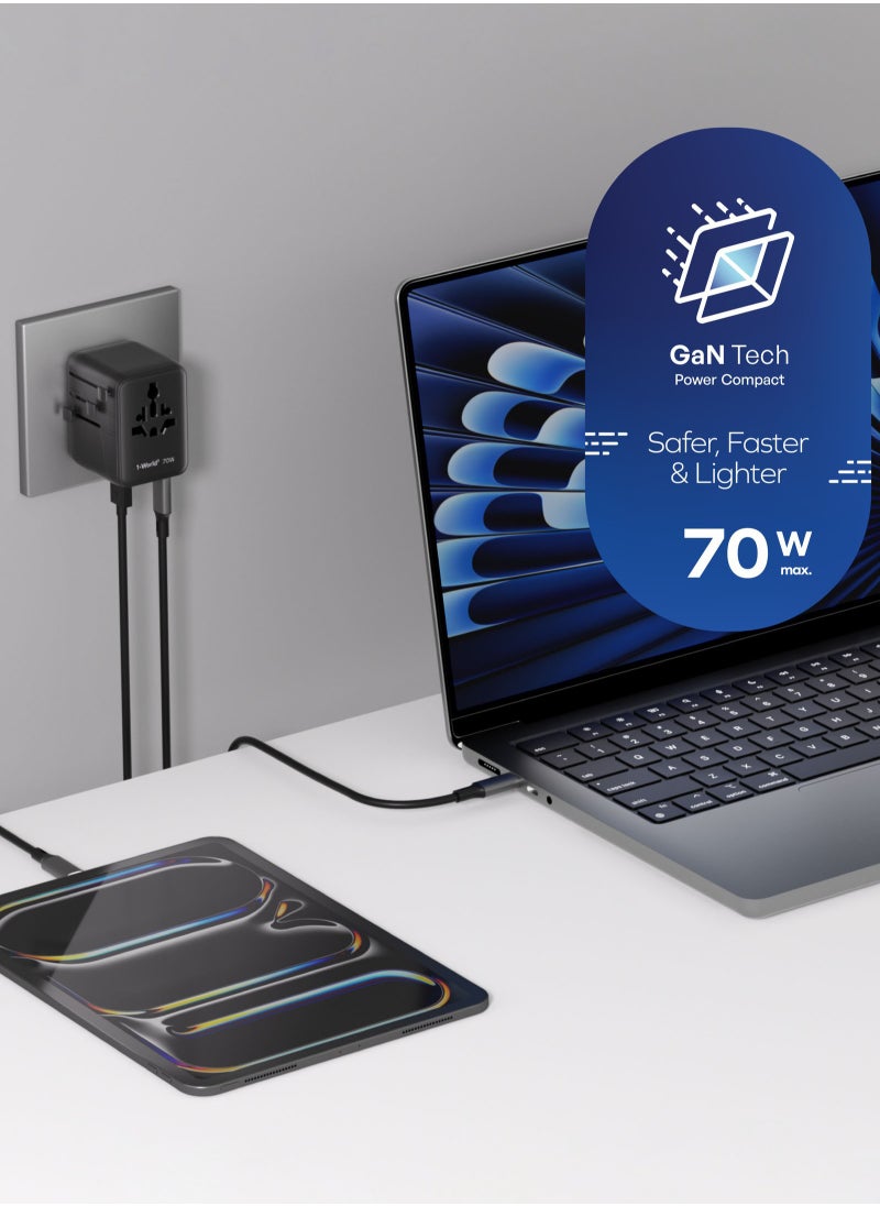 Momax 1-World2 70W GaN 5 Ports + Multi Plug Universal Travel Adapter Multi Volt 100-250V USB-C / USB-A - Desert Titanium  - Image 3