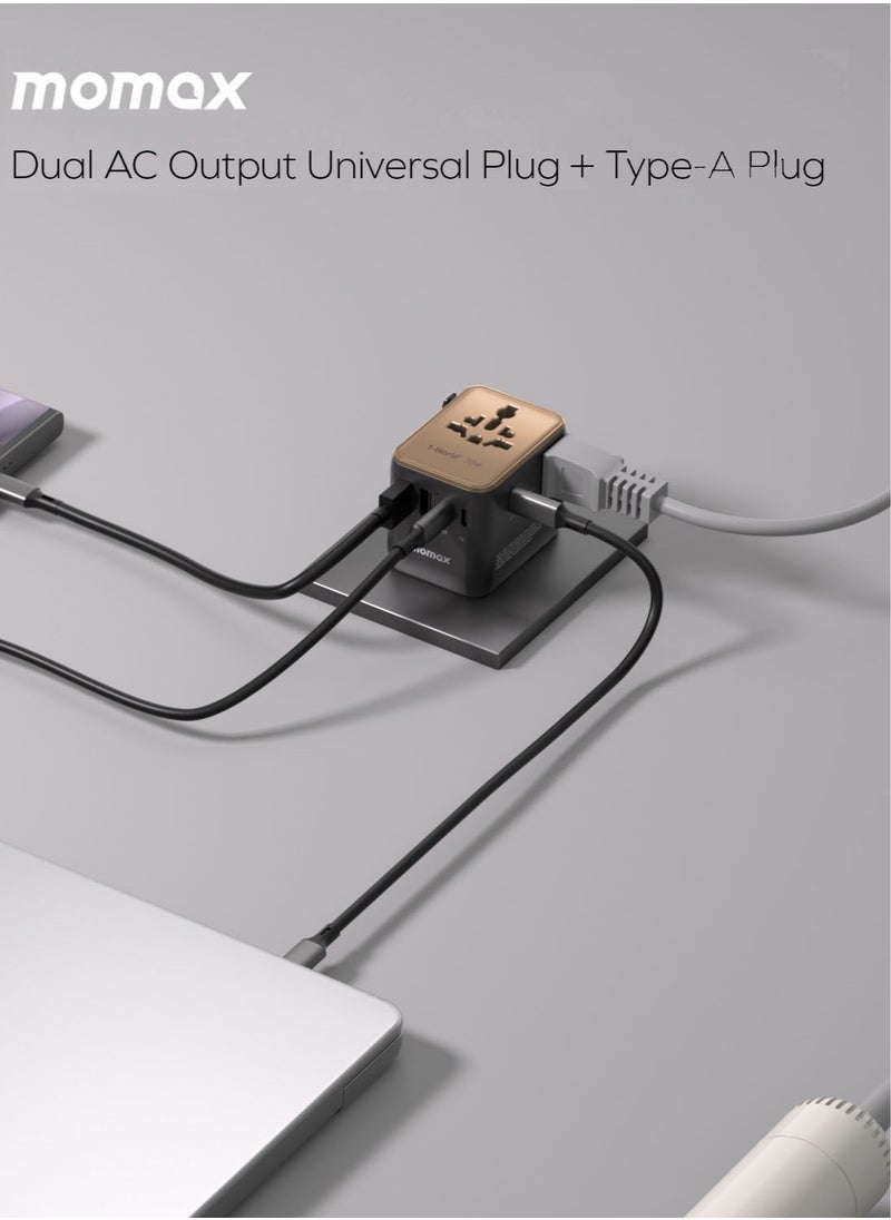Momax 1-World2 70W GaN 5 Ports + Multi Plug Universal Travel Adapter Multi Volt 100-250V USB-C / USB-A - Desert Titanium  - Image 4
