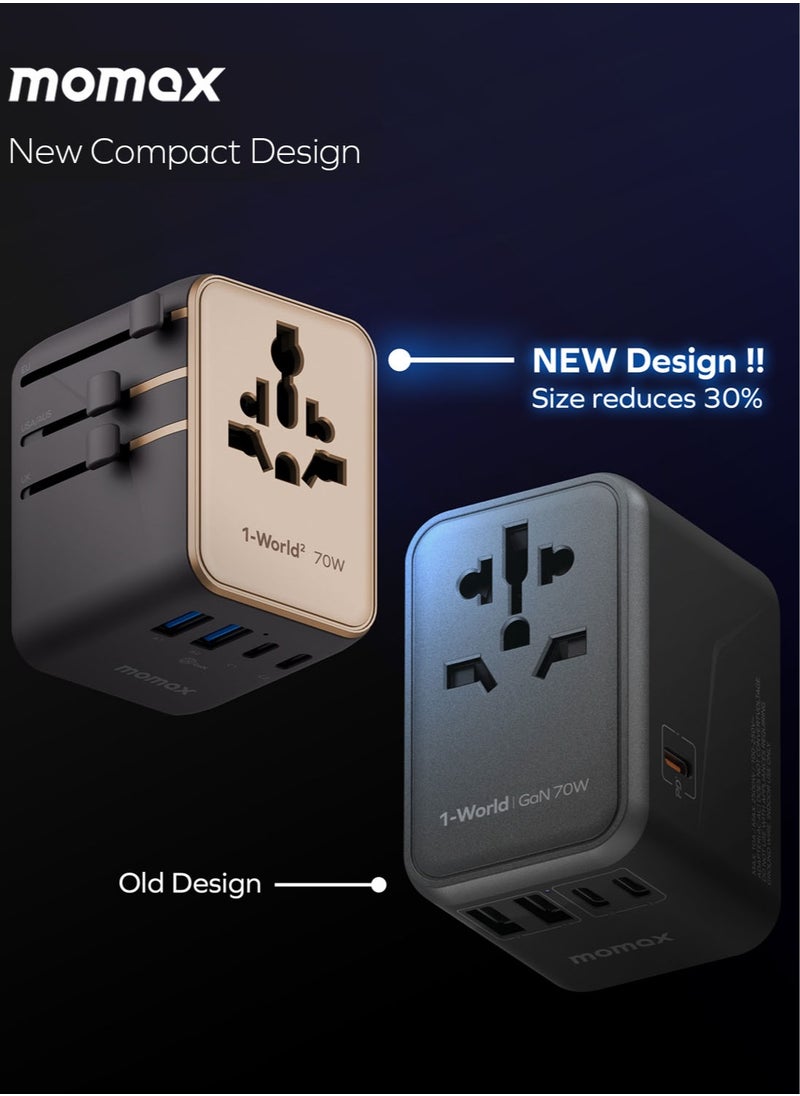 Momax 1-World2 70W GaN 5 Ports + Multi Plug Universal Travel Adapter Multi Volt 100-250V USB-C / USB-A - Desert Titanium  - Image 5