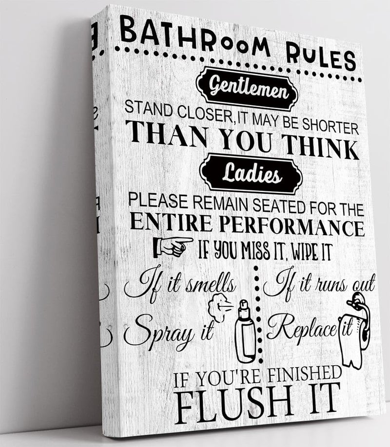 Biufo Wall Art for Bathroom Black White Canvas Print Wall Decor Bathroom Rules Picture Artwork for Restroom (12"x16") - Image 1