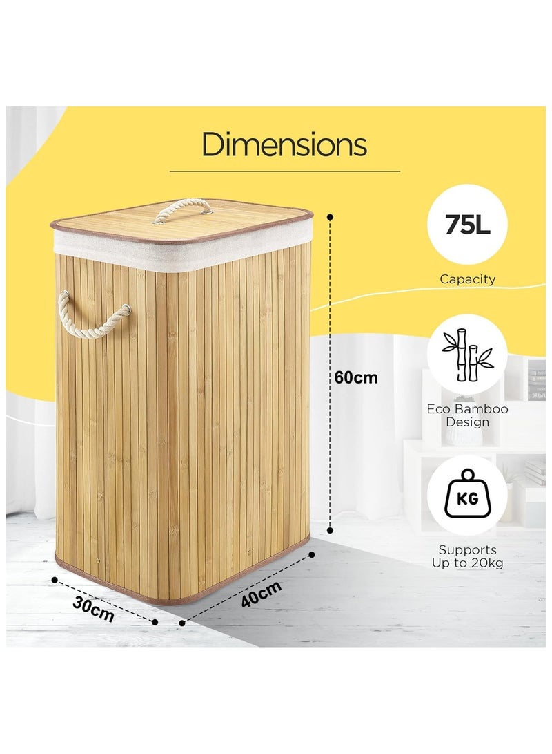 DELGREEN Laundry Basket, Bamboo Laundry Hamper with Lid And Removable Liner, Laundry Bag for Bathroom Bedroom Laundry Room Dorm, 30x40x60cm - Image 2