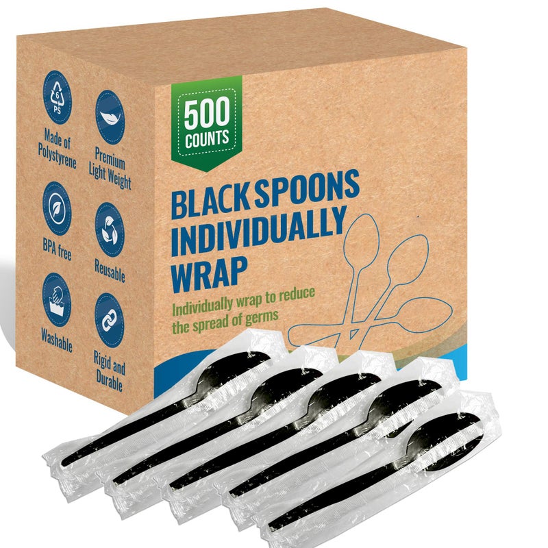 Plastic Black Spoons Disposable Individually Wrapped  Medium Weight 500pcs  Ideal for House Party Backyard BBQ Picnic Home