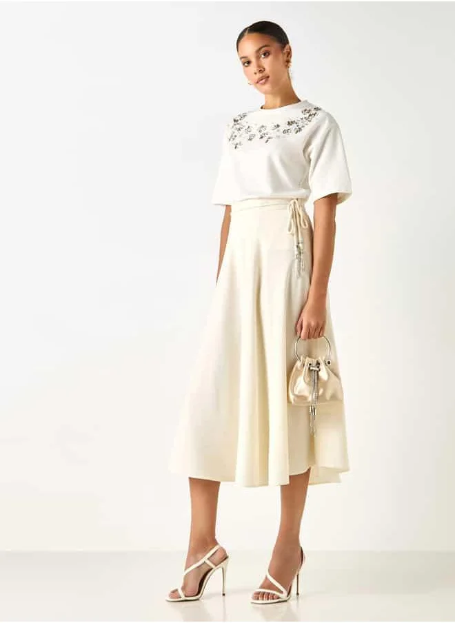 Iconic Iconic Textured A-line Midi Skirt with Tie-Up Detail