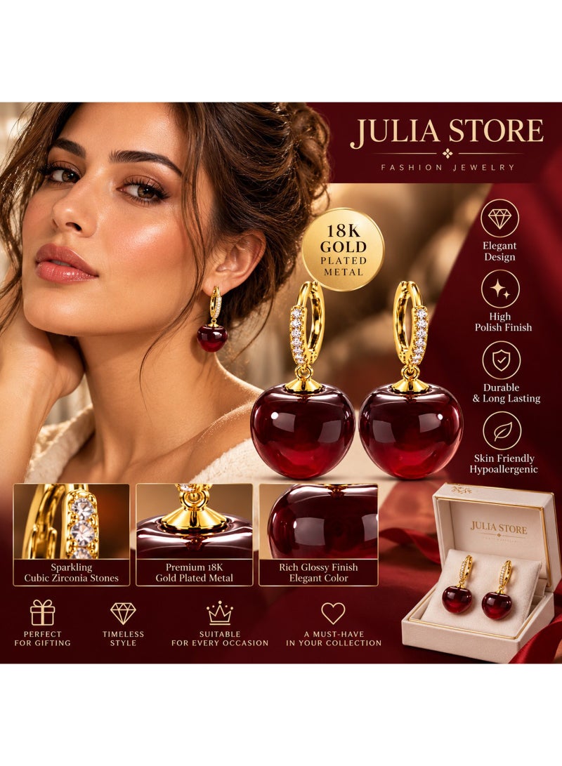 Julia Store 18K Gold Plated Metal Drop Earrings for Women, Cubic Zirconia Paved Hoop Earrings with Glossy Burgundy Red Round Pendant, Statement Fashion Jewelry - Image 4