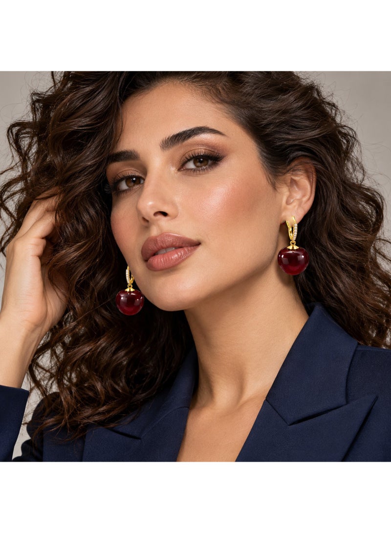 Julia Store 18K Gold Plated Metal Drop Earrings for Women, Cubic Zirconia Paved Hoop Earrings with Glossy Burgundy Red Round Pendant, Statement Fashion Jewelry - Image 5