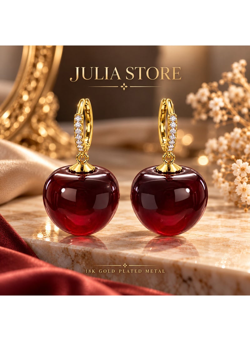 Julia Store 18K Gold Plated Metal Drop Earrings for Women, Cubic Zirconia Paved Hoop Earrings with Glossy Burgundy Red Round Pendant, Statement Fashion Jewelry - Image 2