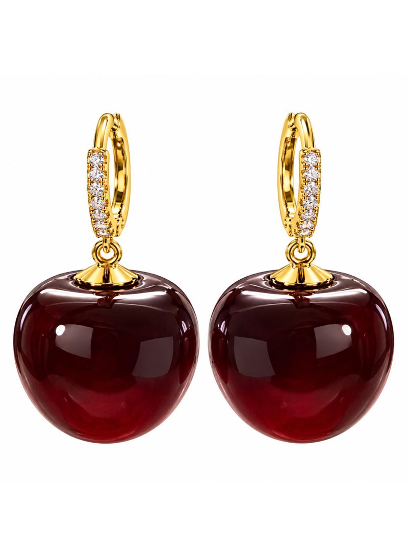 Julia Store 18K Gold Plated Metal Drop Earrings for Women, Cubic Zirconia Paved Hoop Earrings with Glossy Burgundy Red Round Pendant, Statement Fashion Jewelry - Image 1