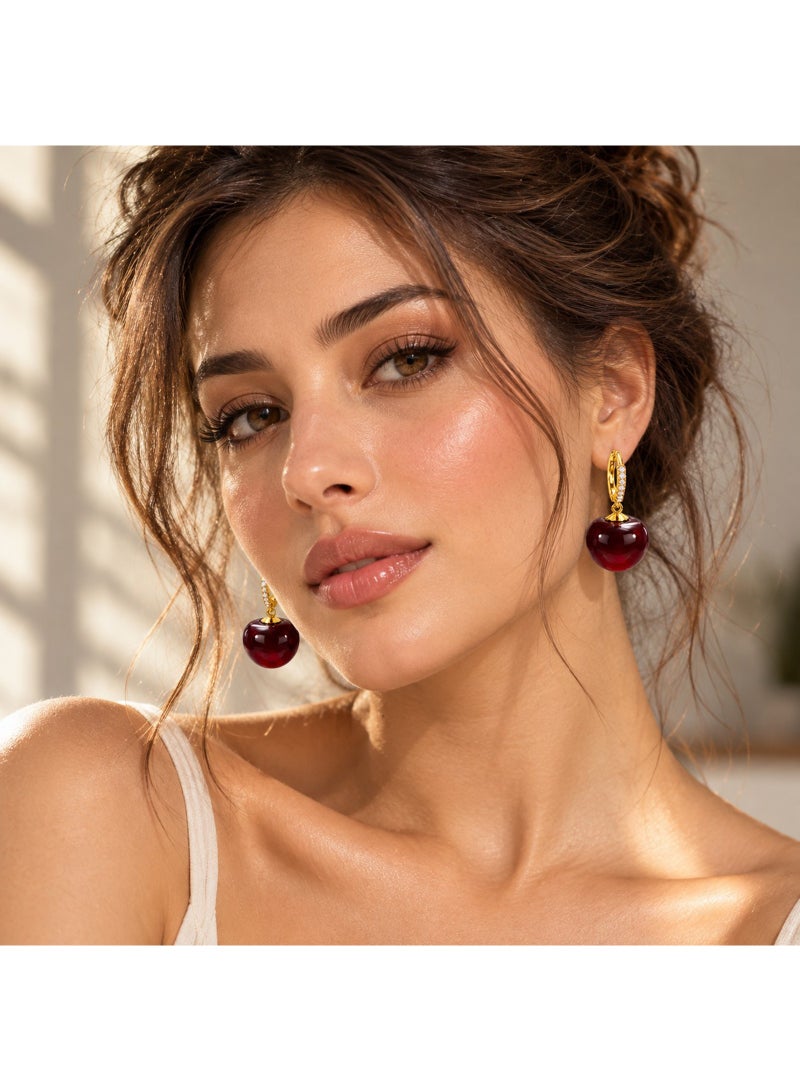 Julia Store 18K Gold Plated Metal Drop Earrings for Women, Cubic Zirconia Paved Hoop Earrings with Glossy Burgundy Red Round Pendant, Statement Fashion Jewelry - Image 3