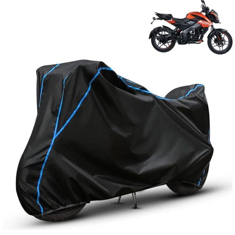 FAVY Water Resistant Bike Cover Compatible with Bajaj Pulsar NS125, Rain, UV, and Dust Proof, All-Weather Proof Full Body Bike Cover, Black with Blue Piping, Triple Stitched with Elastic Bottom - Image 1